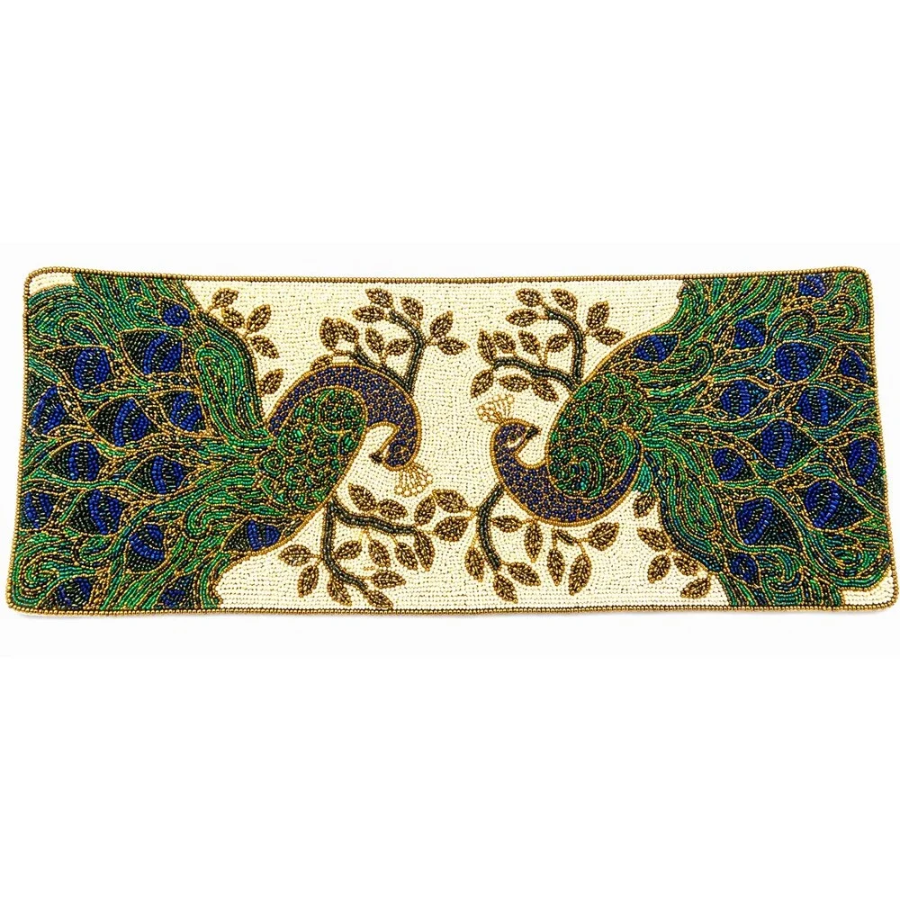 Peacock Table Runner Fully Beaded Jewel of Mumbai Peacocks Blue Green 36x13